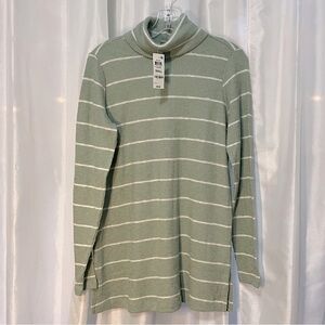 Sage Green & White Striped Knit Lightweight Turtleneck
